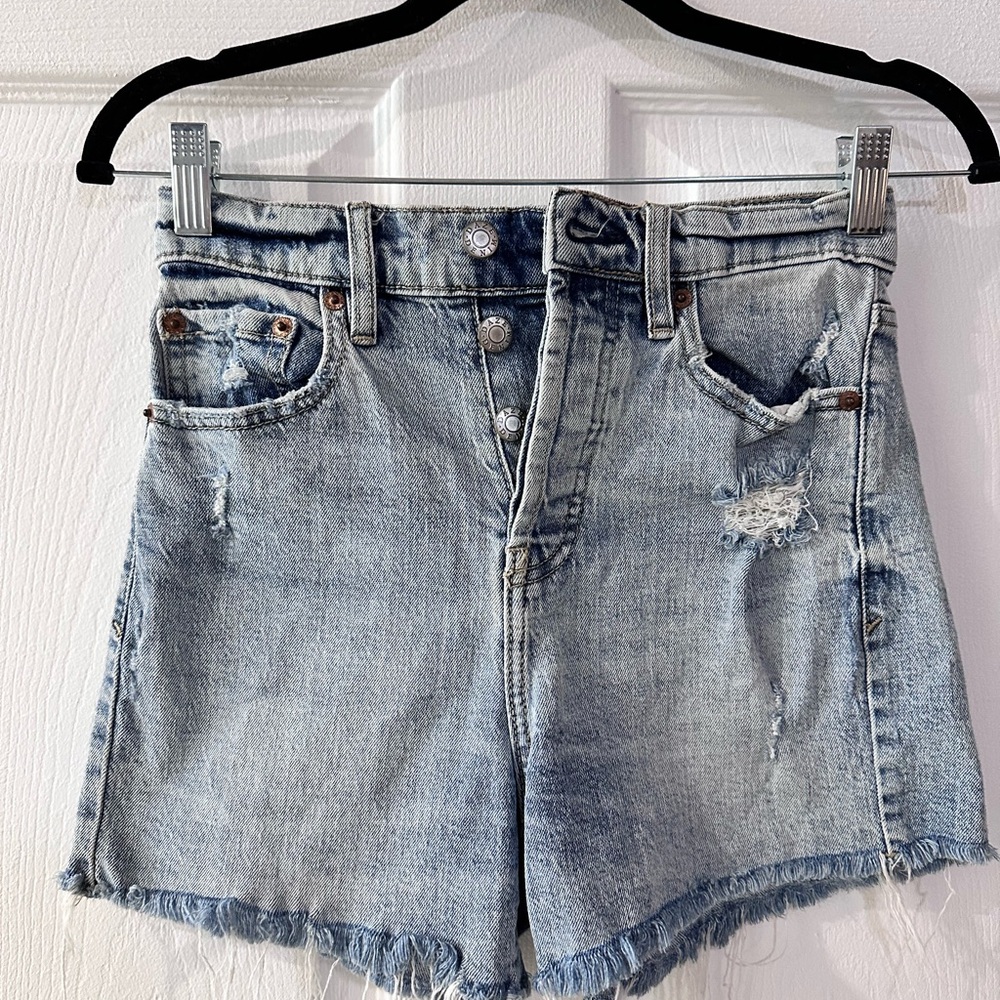 Blue Distressed Jean Shorts with Frayed Hem